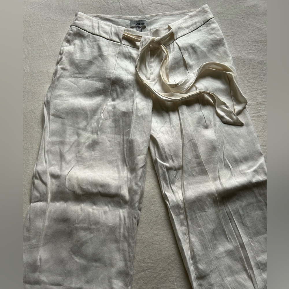 Bebe White Linen Blend Trousers with Fabric Tie Belt - Picture 4 of 15